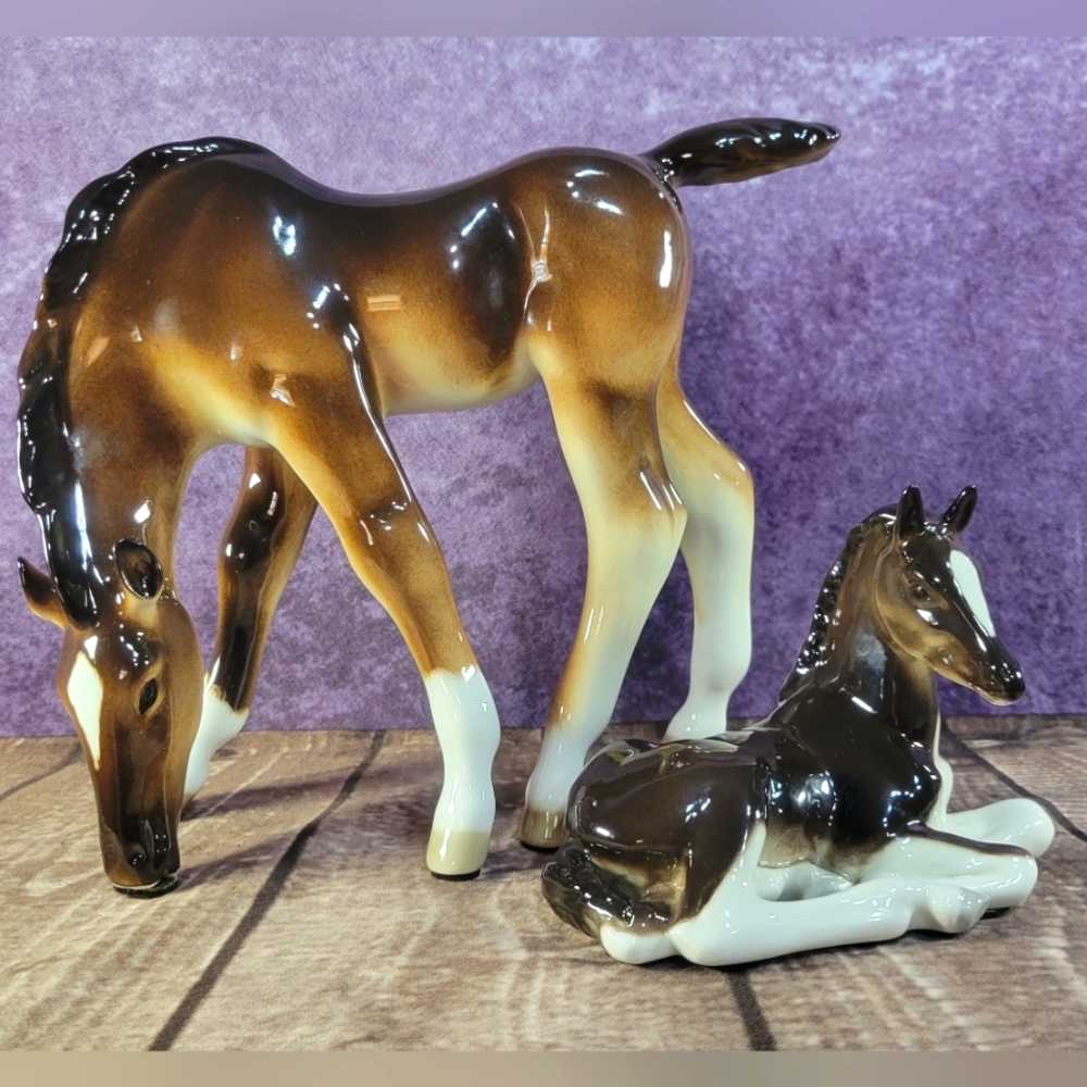 Lomonosov Vintage Imperial Porcelain Brown Grazing Foal & Resting Foal